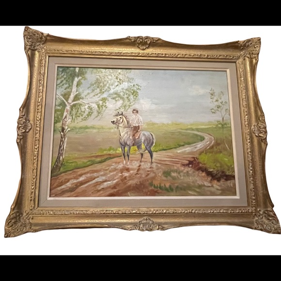 Vintage Polish unsigned oil painting Boy on a horse framed on board - Picture 4 of 7